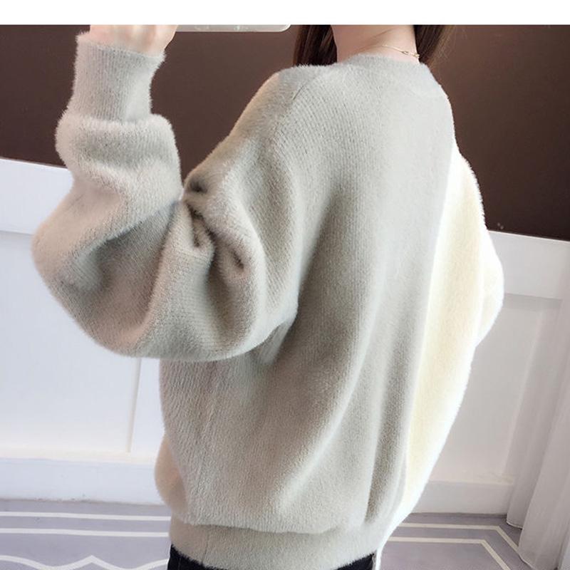 Autumn and Winter Color Mix Jacket Long Sleeve Round Neck Bottoming Shirt Fuzzy Casual  Loose Sweater