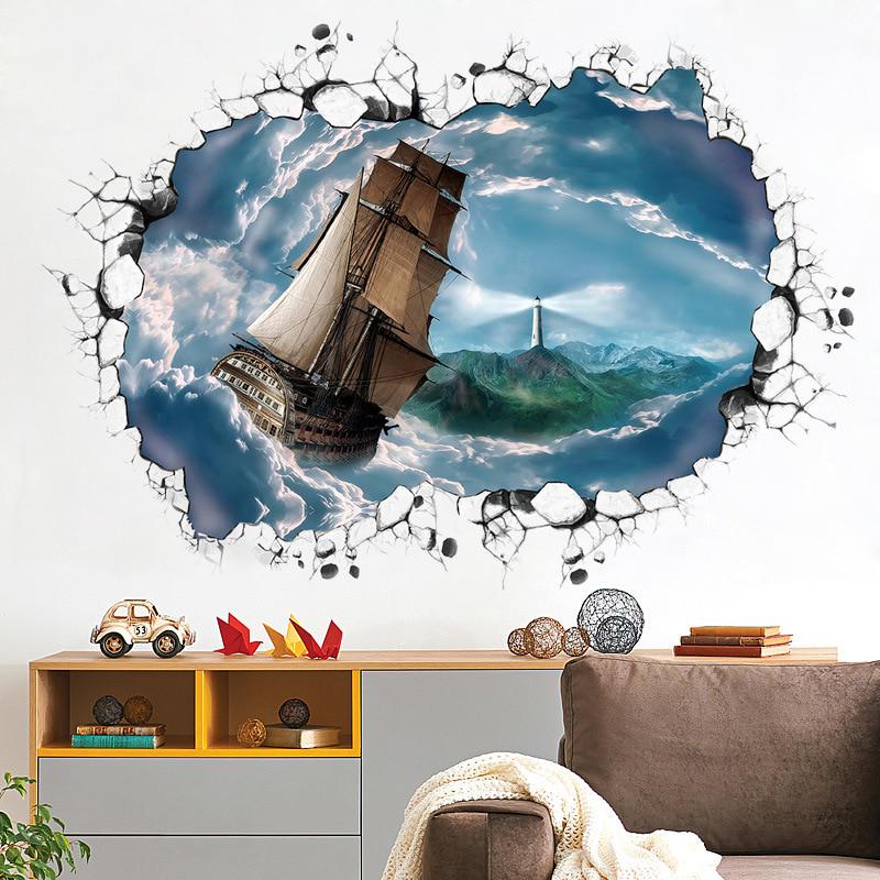 Big Sailboat Wall Stickers 3d View Sea Wallpapers Office Decoration Pvc Wall Decals /Adhesive For So