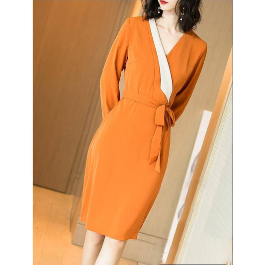 Autumn Dress Slim V-neck Short Women's Temperament Waistband Stitching Long-sleeved Dress