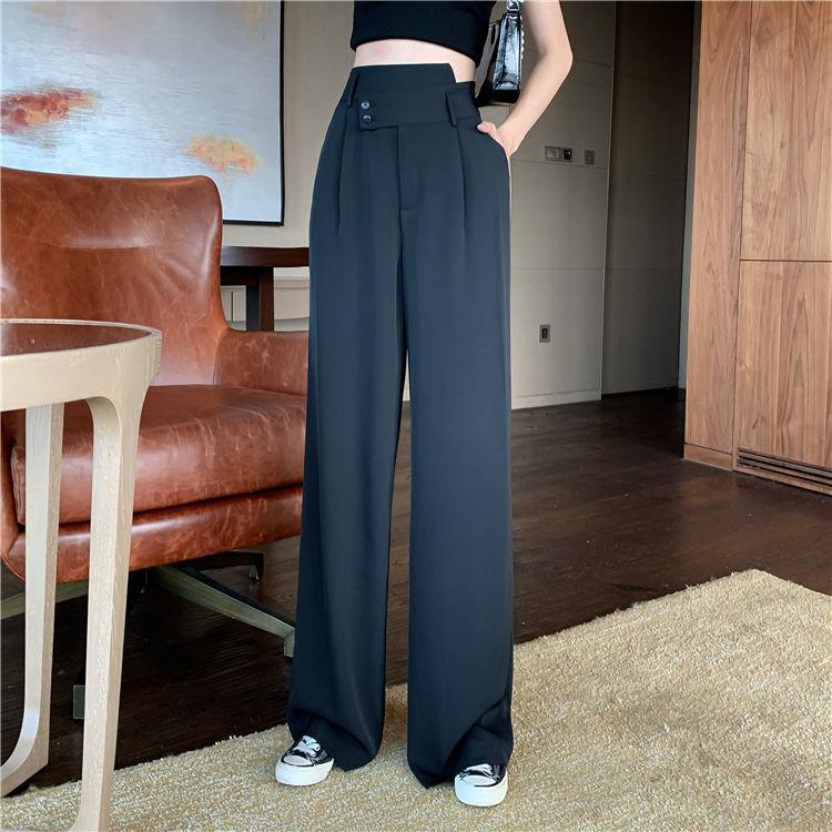 WTEMPO Women's Slim All-match Trousers Suit Pants Super Long Elastic Waist Mid-waist Straight Loose Casual Daily