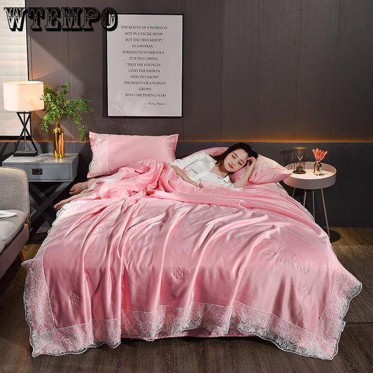 3 Pcs Set Quilt Cover Ice Silk Simulation Silk Solid Color Silk Lace Pillowcase