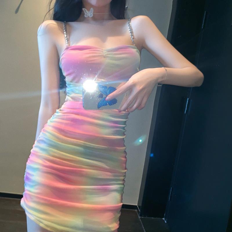 Women Summer Sexy Sleeveless Slip Bodycon Dress Female Rainbow Color Gradient Wrap Party Beach Club Mini Dresses Outfits