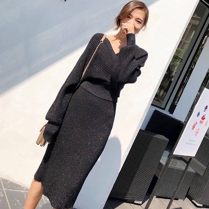 V-neck Women Knitted Skirt Suits Batwing Sleeve 2 Pieces Elegant Party Female Sweater Elegant Dress