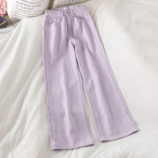 High Waist Jeans Female Straight Widespants Purple Trousers Loose Loose Wild