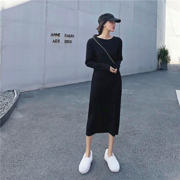 Women's long-sleeved base knitted dress Slim mid-length sweater skirt in autumn and winter