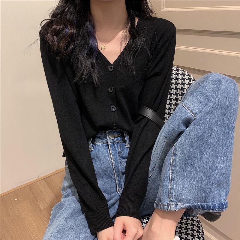 Spring and Autumn Style V-neck Cardigan Jacket Long Sleeve Thin Slim Sweater Short Sleeve Sweater Women Trendy