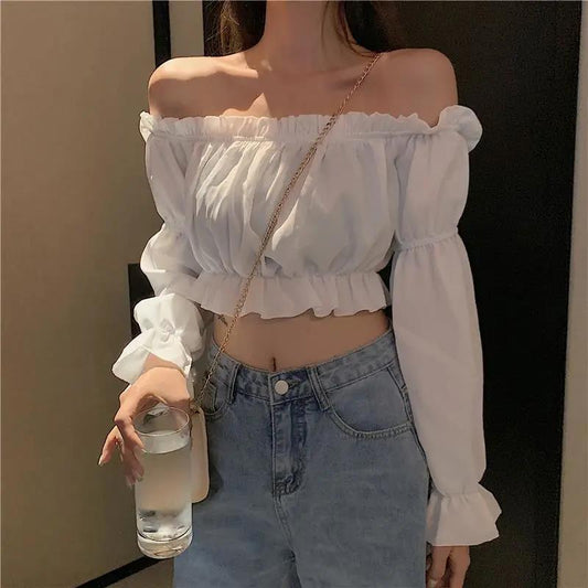 Women Autumn Top Blouse Off Shoulder Tops Long Sleeve White and Black Shirt Puff Sleeve Ruffle Tunic Crop Top