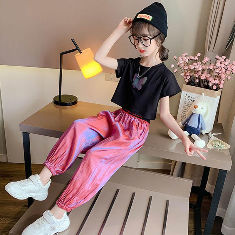 Children's Summer Dress Colorful Butterfly Short Sleeve-Bright Pants Two-piece Set Girls Loose Casual Pullover Summer Suit