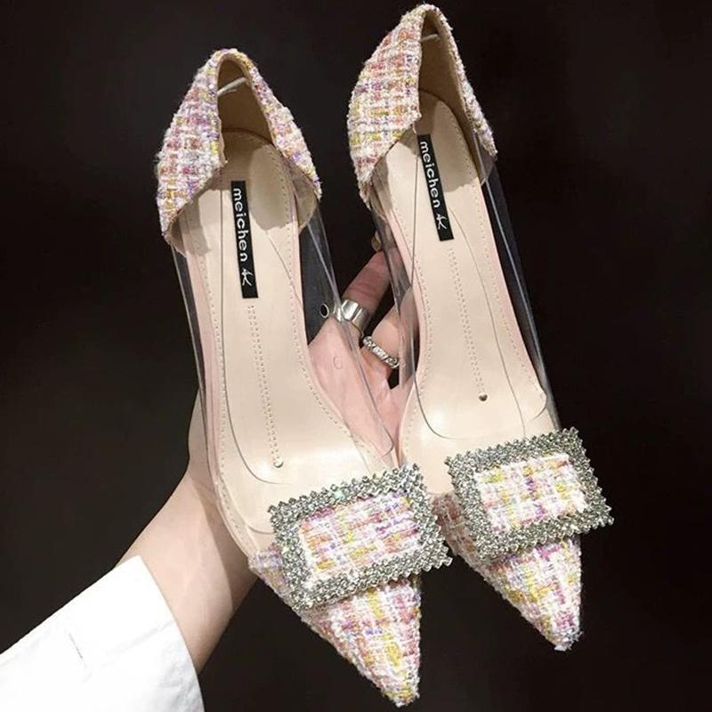 French Girl High Heels Female Stilettos Korean Version of All-match Rhinestone Transparent Pointed Toe Sexy High Heels