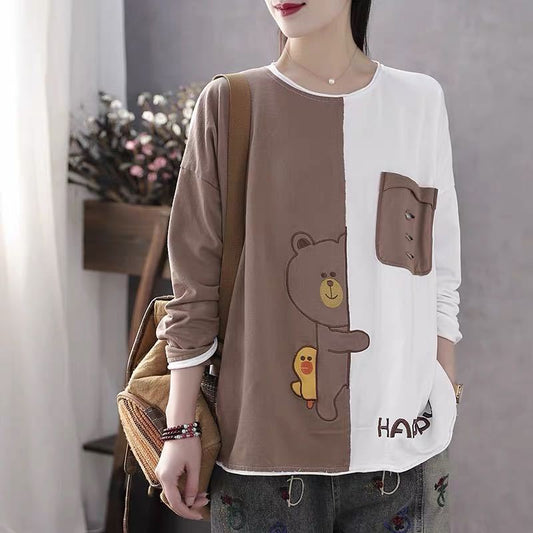 Cute Bear Print T-shirt Large Size Ladies Long Sleeve Shirt Casual Loose Pullover Summer