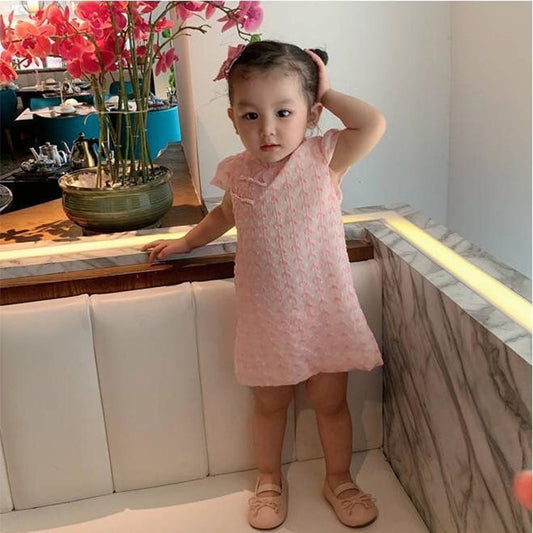 Children Dress Girls Summer Thin Dress Embroidered Buttons Chinese Style Sleeveless Cheongsam Princess Dress