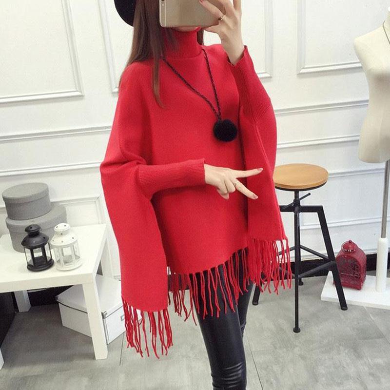 Autumn and Winter High Neck Tassel Sweater Pullover Mid-length Loose Top Knitted Casual Women's Bat Shirt