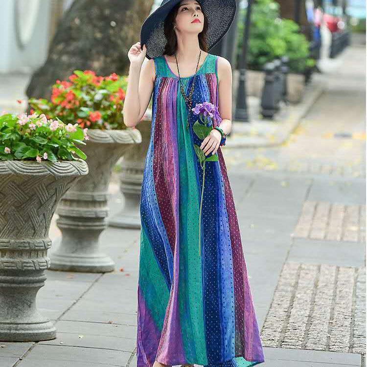 Female Cotton Large Swing Sleeveless Print Dress Elegant Round Neck Big Blue Rainbow Stripe Dress