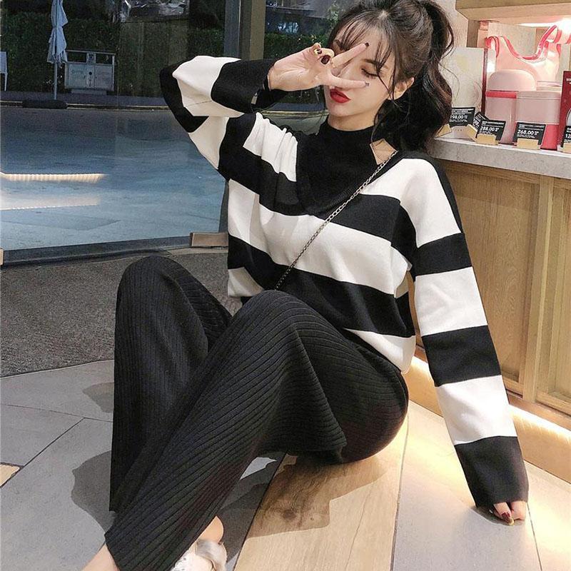 2pcs/set  Women Winter Tracksuit 2 Piece Pant Suits Knitted Striped Sweater Top and Pants 2 Piece Set Outwear Outfits