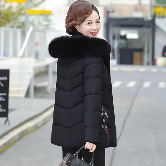 Winter Down Cotton Jacket Fashion Fur Collar Hooded Mid-length Jacket Thick Warm Cotton Jacket Suitable for Middle-aged Women