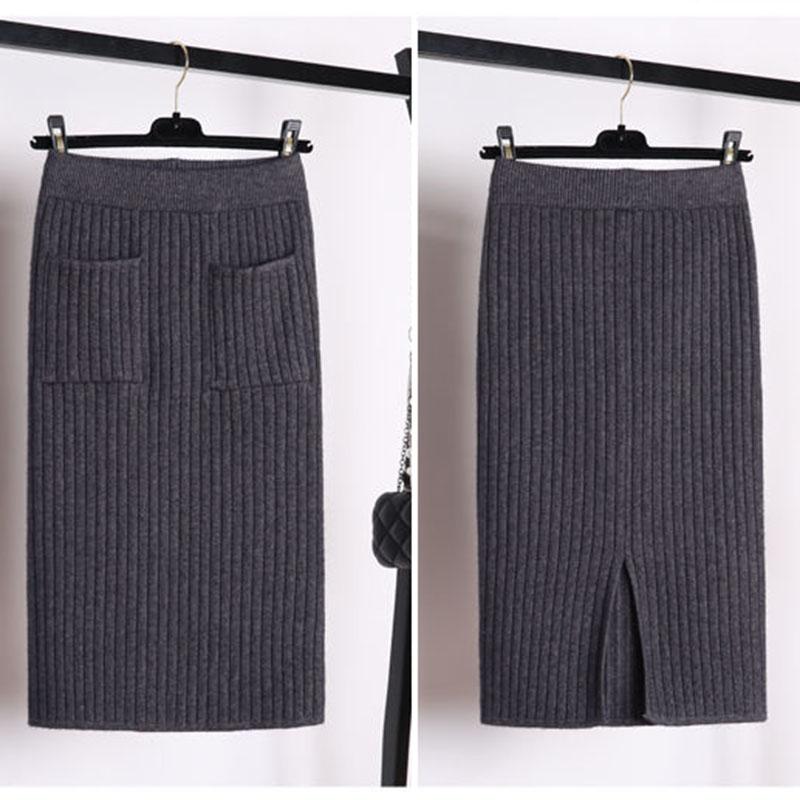 Thick Split Knit Skirt Women Tight Elastic Bodycon Skirt Autumn Winter Mini Pencil Skirt with Pockets