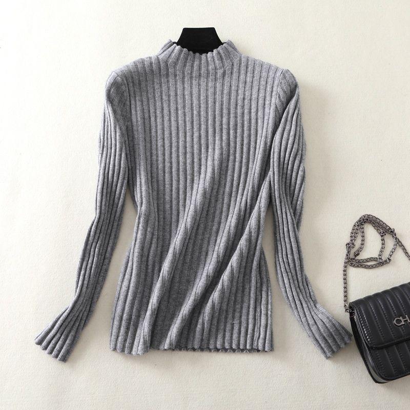 Turtleneck Knitted Sweater Lady Solid Slim Pullovers Casual Long Sleeve Striped Elasticity Pullover