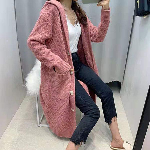 Autumn and Winter Knitted Cardigan Jacket Mid-length Over The Knee Loose Hoodie Thick Casual Women's Top