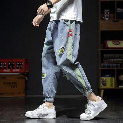 Ripped 9-point Jeans Men's Summer Leggings Pants Trendy Brand Loose Feet Pants Trendy Nine-point Pants