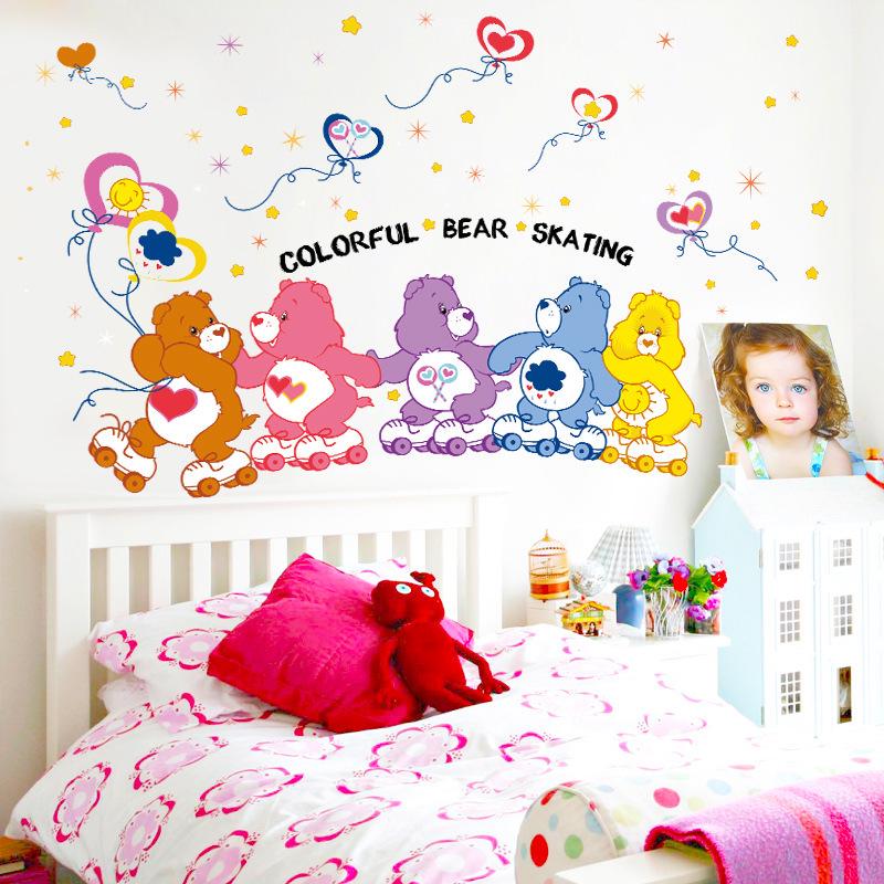 Colorful skating bear cartoon wall stickers background decorative stickers bear family wallpaper