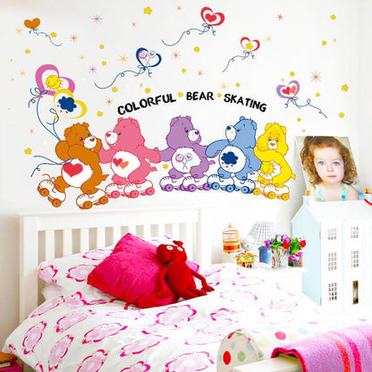 Colorful skating bear cartoon wall stickers background decorative stickers bear family wallpaper