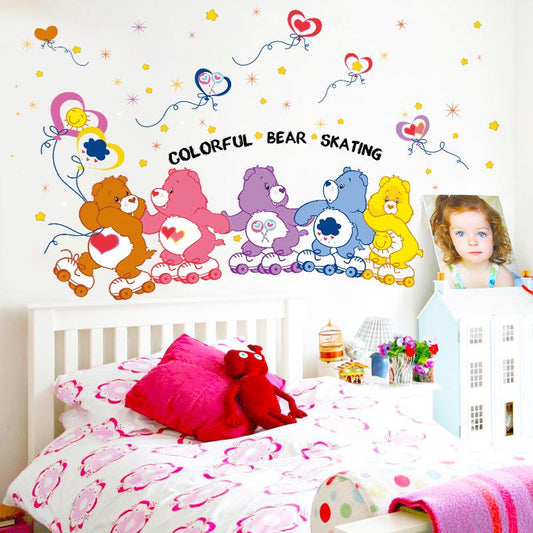 Colorful skating bear cartoon wall stickers background decorative stickers bear family wallpaper