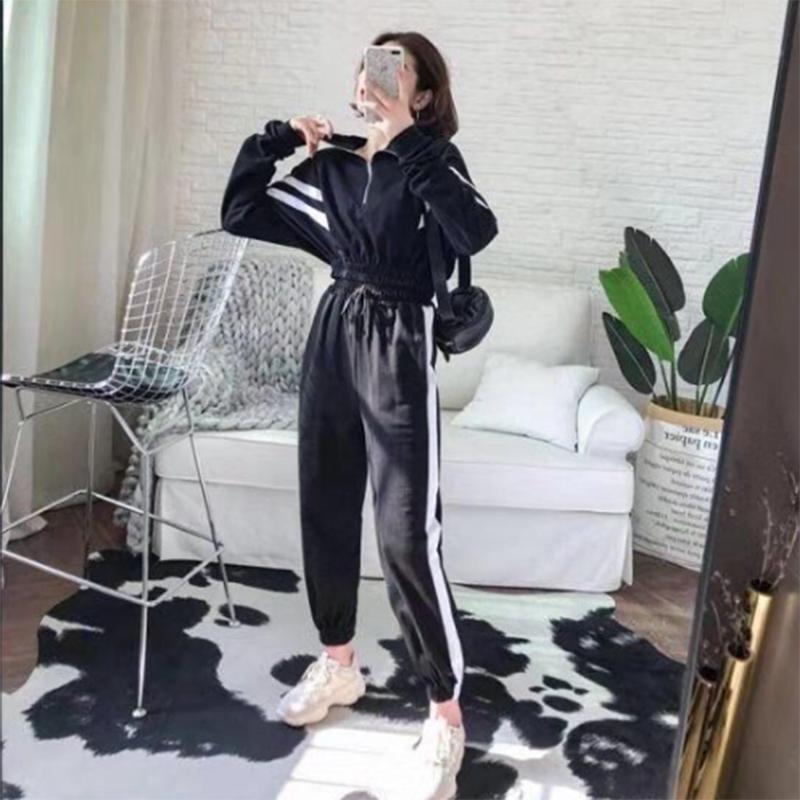 Spring and Autumn Loose Solid Color Western-style Casual Sportswear Suit Women's Short Sweater Pants Two-piece Set