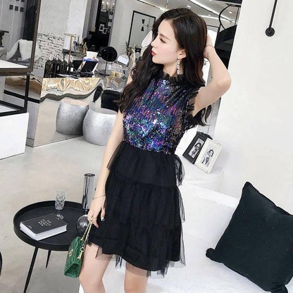 Mesh Sleeveless Sequins Party Dress Women Sequined Dress Elegant Sleeveless Layered Knee Vestidos