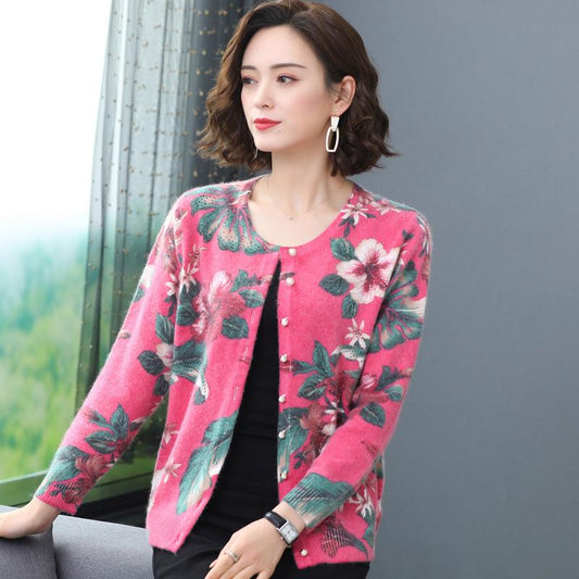 Autumn and Winter Printed Cardigan Women's Plus Size Casual Sweater Coat High-end Wool Sweater