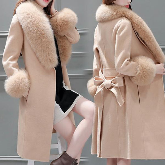 Winter Warm Women Artificial Woolen Coat Long Slim-fit Overcoat Warm and Elegant Trench Coat with Detachable Fur Collar