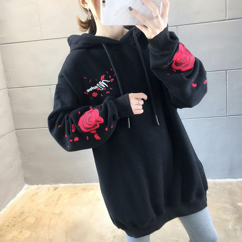 Crane Floral Embroidery Harajuku Hoodies Women Autumn Winter Thick Fleece White Black Hooded Pullover Tops Oversized Streetwear Hip Hop Sweatshirts