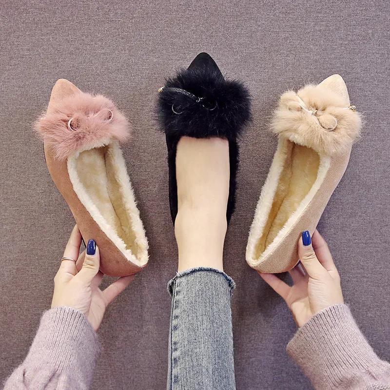 Temperament Plush Shoes Women Winter Moccasin Shoes All-match Autumn Flat Single Shoes Plus Velvet Pedal Peas Shoes