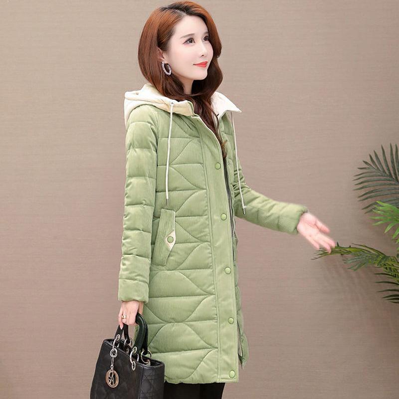 Cotton Jacket Women's Mid-length Winter Fashion Trend Thick Warm Hooded Cotton Jacket Corduroy Jacket Tide