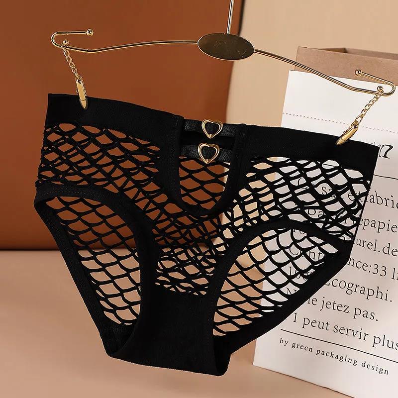 2Pcs/Set Large Size Lace Panties Ladies Mesh High Stretch Breathable Briefs Mid Waist Hollow Solid Color Underpants