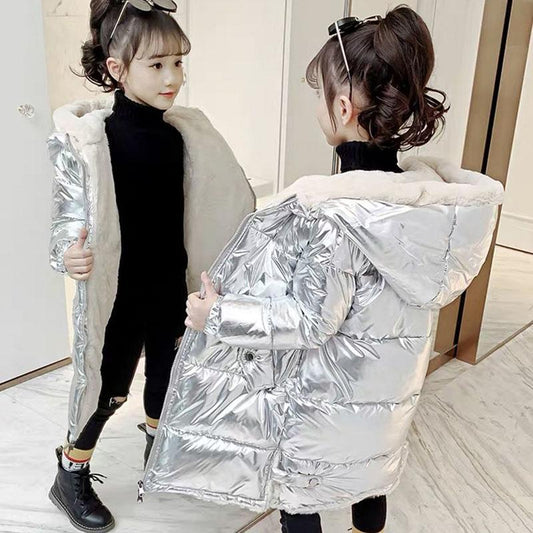 Girls' Cotton-padded Coat Winter Long Children Parka Jacket Kids Plus Velvet Warm Shiny Hooded Parka Coat