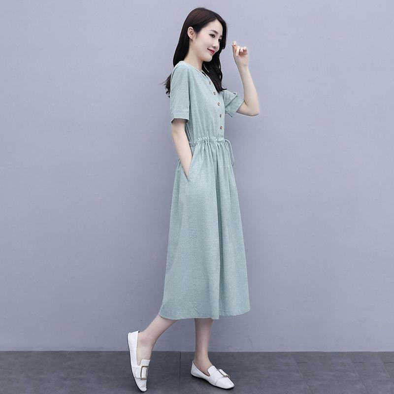 Women's Large-size Cotton and Linen Dresses Thin Loose Linen Wild Drawstring Waist and Belly Thin Skirt Women's Loose Dress