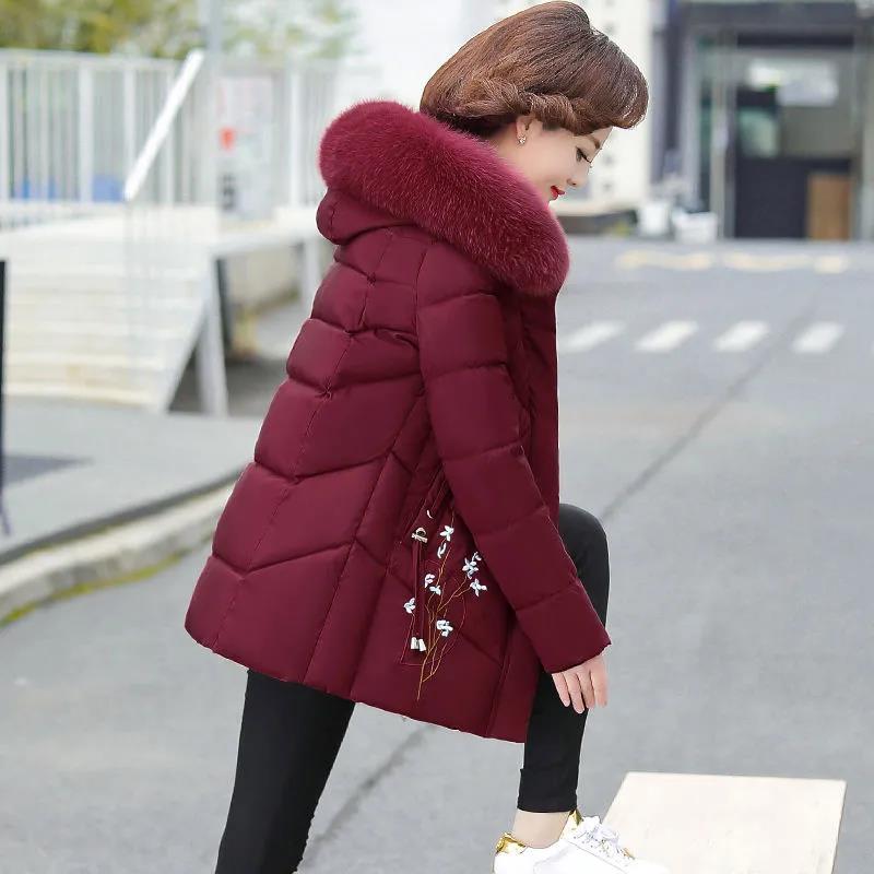 Winter Down Cotton Jacket Fashion Fur Collar Hooded Mid-length Jacket Thick Warm Cotton Jacket Suitable for Middle-aged Women