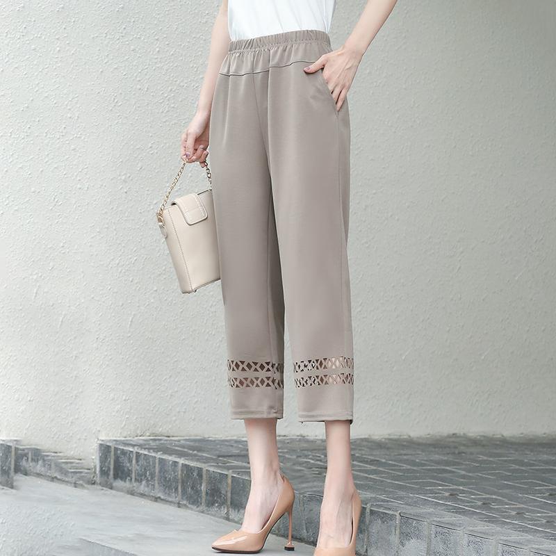 Summer Thin Stretch Mother Cropped Pants Elastic High Waist Loose Middle-aged and Elderly Women's Grandma Pants Hollow Casual Pants