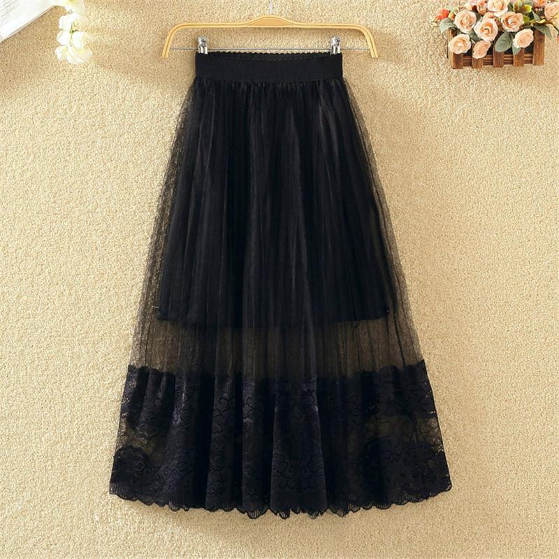 Women Summer Vintage Lace Elastic Waist Casual Skirt Versatile Medium Length Fairy Mesh Pleated Pompon Skirt