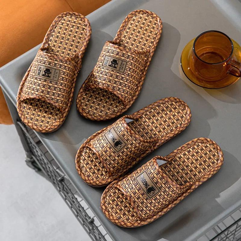 Women's Sandals and Slippers Summer Straw Bamboo and Rattan Couples Home Household Indoor Non-slip Soft Bottom Men's Linen Slippers