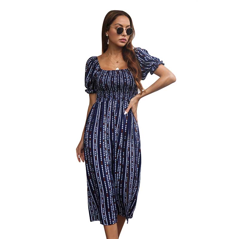 European and American Women's Casual Floral Summer Print Puff Sleeve Rayon Dress