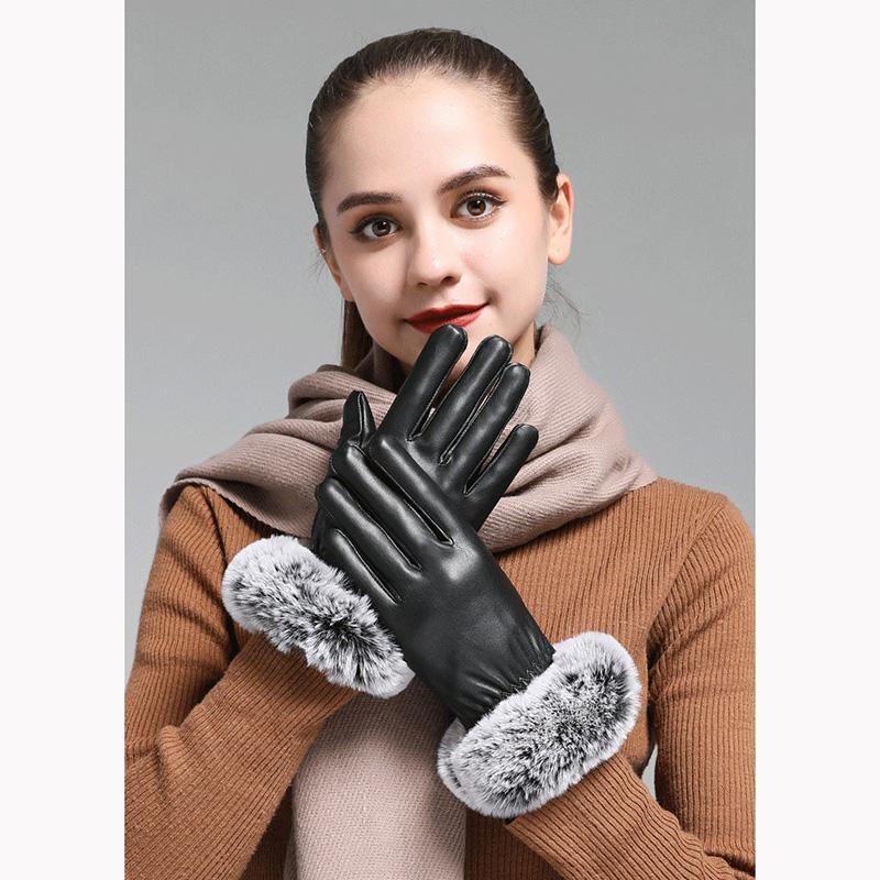 Women Lady Black Leather Gloves Autumn Winter Warm Rabbit Fur Mittens Worldmart