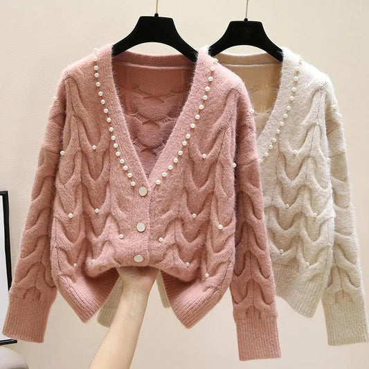 Female Sweet Pearl V-neck Knitted Cardigan Women's Autumn and Winter Versatile Short Knitted Tops