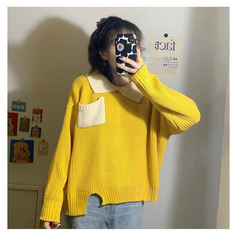 Autumn Winter Students Hit Color POLO Collar Loose Ins Lazy Long-sleeved Sweater Korean Version Trendy Tops