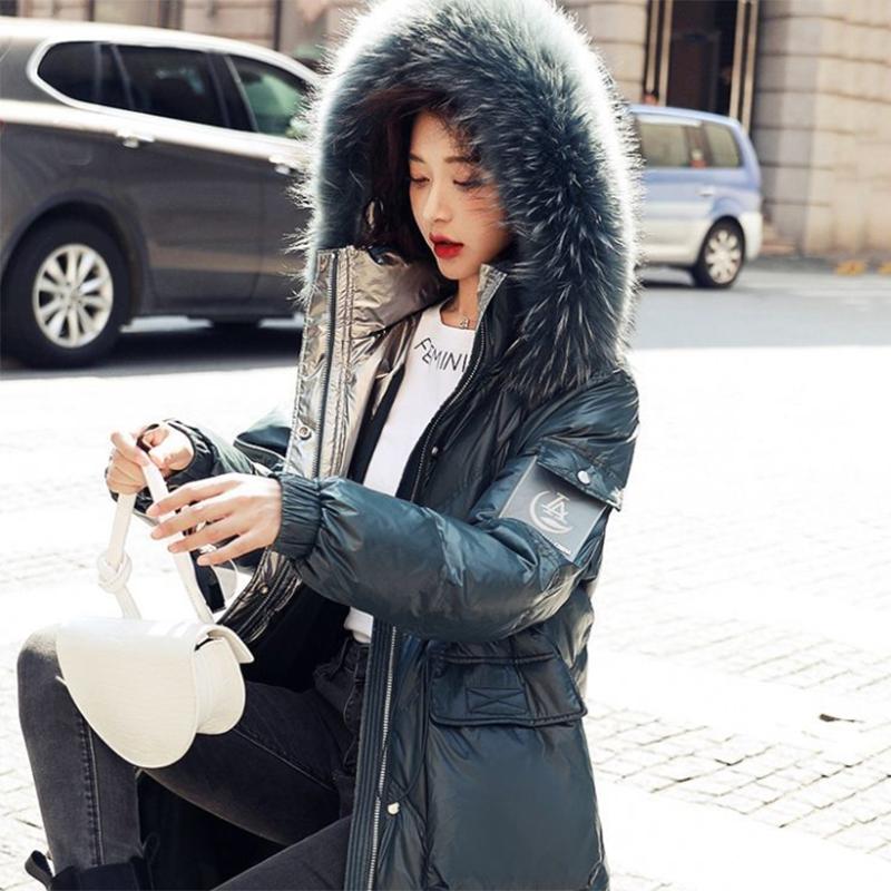 Women's Winter Korean Loose Quilted Coat Warm Down Jacket with Fur Collar Women's Glossy Mid-length Down Jacket