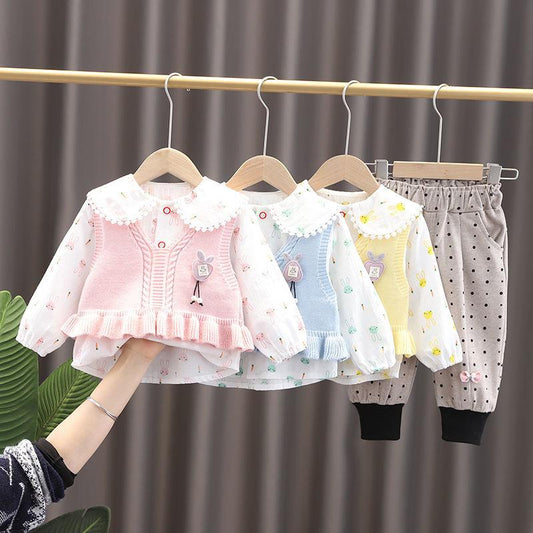 Female Baby Suit 0-4 Years Old Girl Korean Version of The Sweater Vest Three-piece Cute Spring and Autumn Long-sleeved Sets