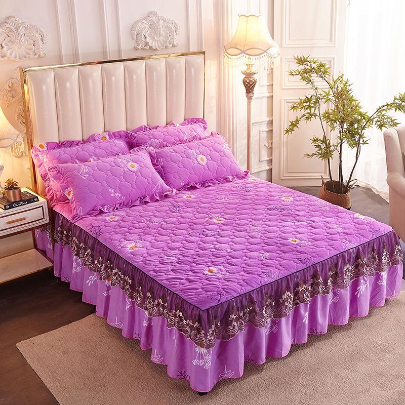 Thickened Plus Velvet Quilted Bed Skirt with Lace Edge Bedspread Non-fleece Winter Warm Crystal Velvet Four-piece Suit