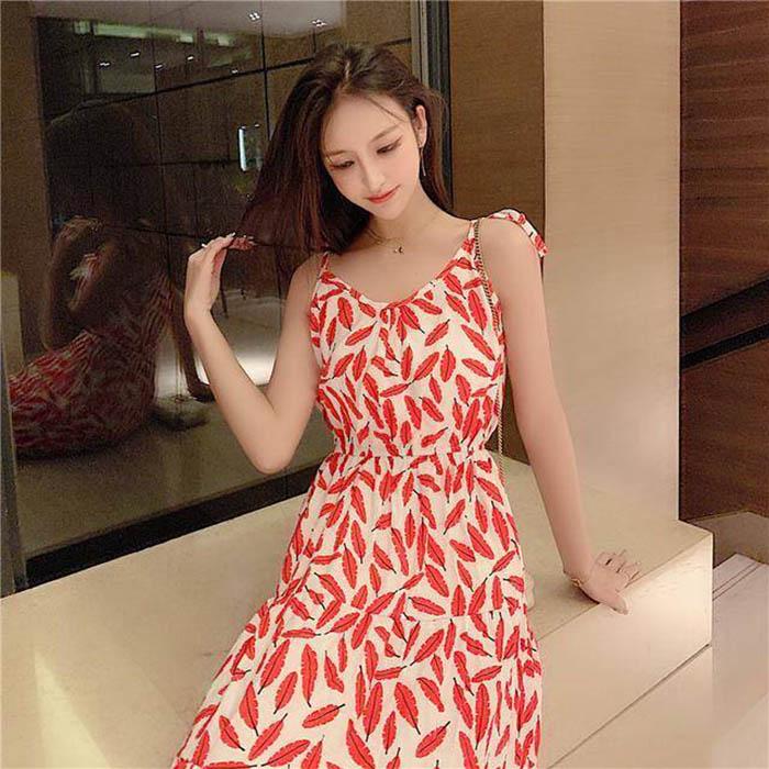 Pofulove S-2XL Women Printed Chiffon Sling Dress Slim A-line Sun-dresses Long Bohemian Beach Dresses