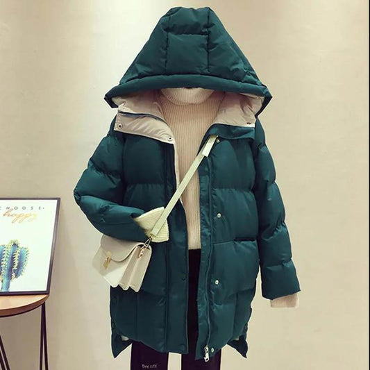 Winter Jacket Women's Cotton-padded Clothes Mid-length Korean Style Loose Hooded Thick Bread Clothes