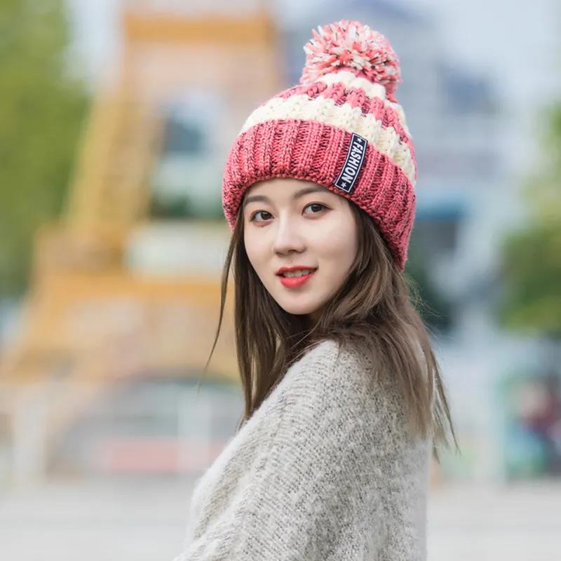 Winter Ladies Hat Korean Tie-dye Wool Ball Knitted Hat Women's Plus Velvet Thick Warm Woolen Yarn